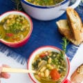 A spoon holding some soup showing white beans, chunky tomatoes and kale over a bowl of soup