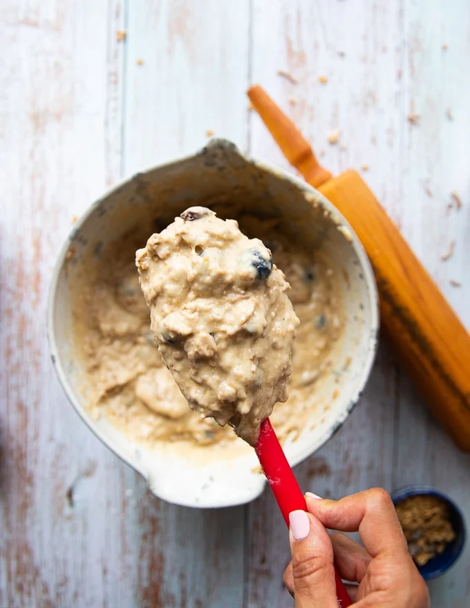 batter for the bran muffins ready in a spatula showing the thickness and consistency