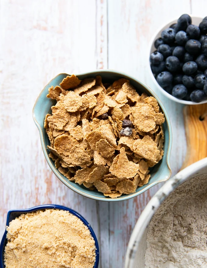 a bowl of raisin bran cereal to make bran muffins