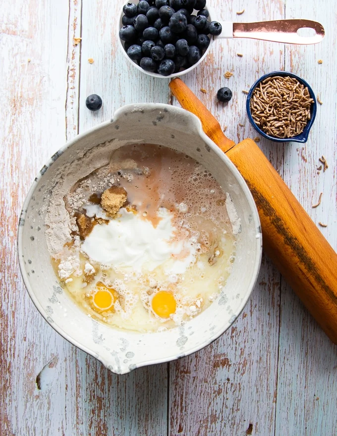 One bowl with all the ingredients for the bran muffins added in