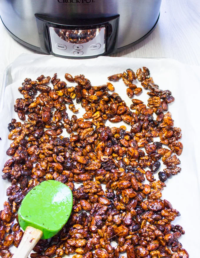 Mixed Nuts read and spread on a baking sheet to cool down