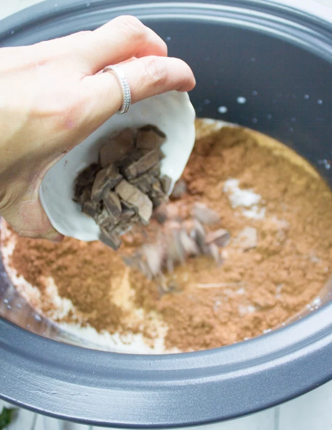 adding chocolate chips to crockpot