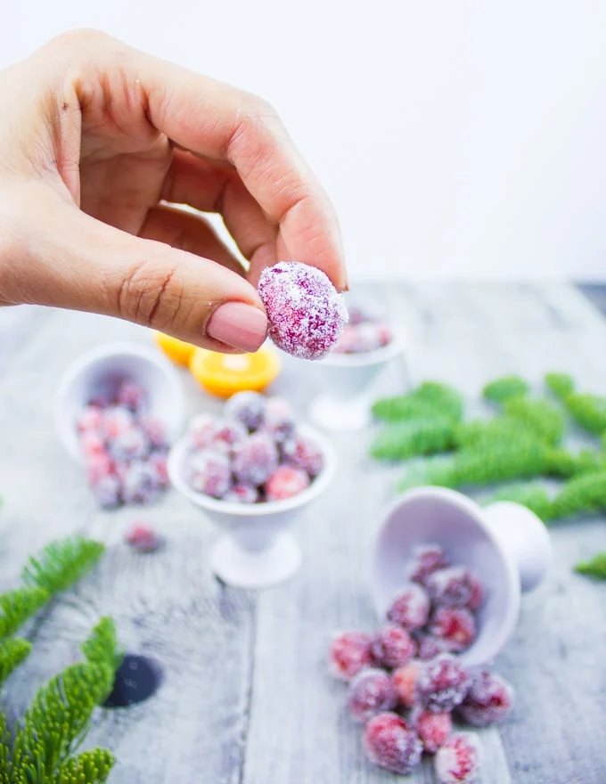 A hand holding a sugared cranberry close up