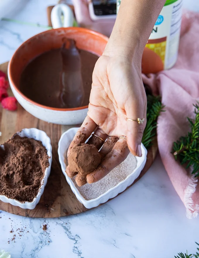 a hand holding a cocoa coated chocolate truffle flavored with espresso