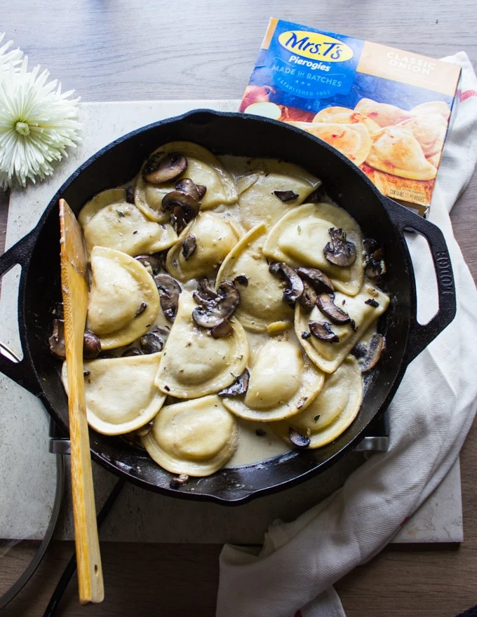 The cream added into the pierogies and mushroom pan