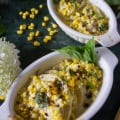 single ramekin with the pierogies and corn in a corn casserole