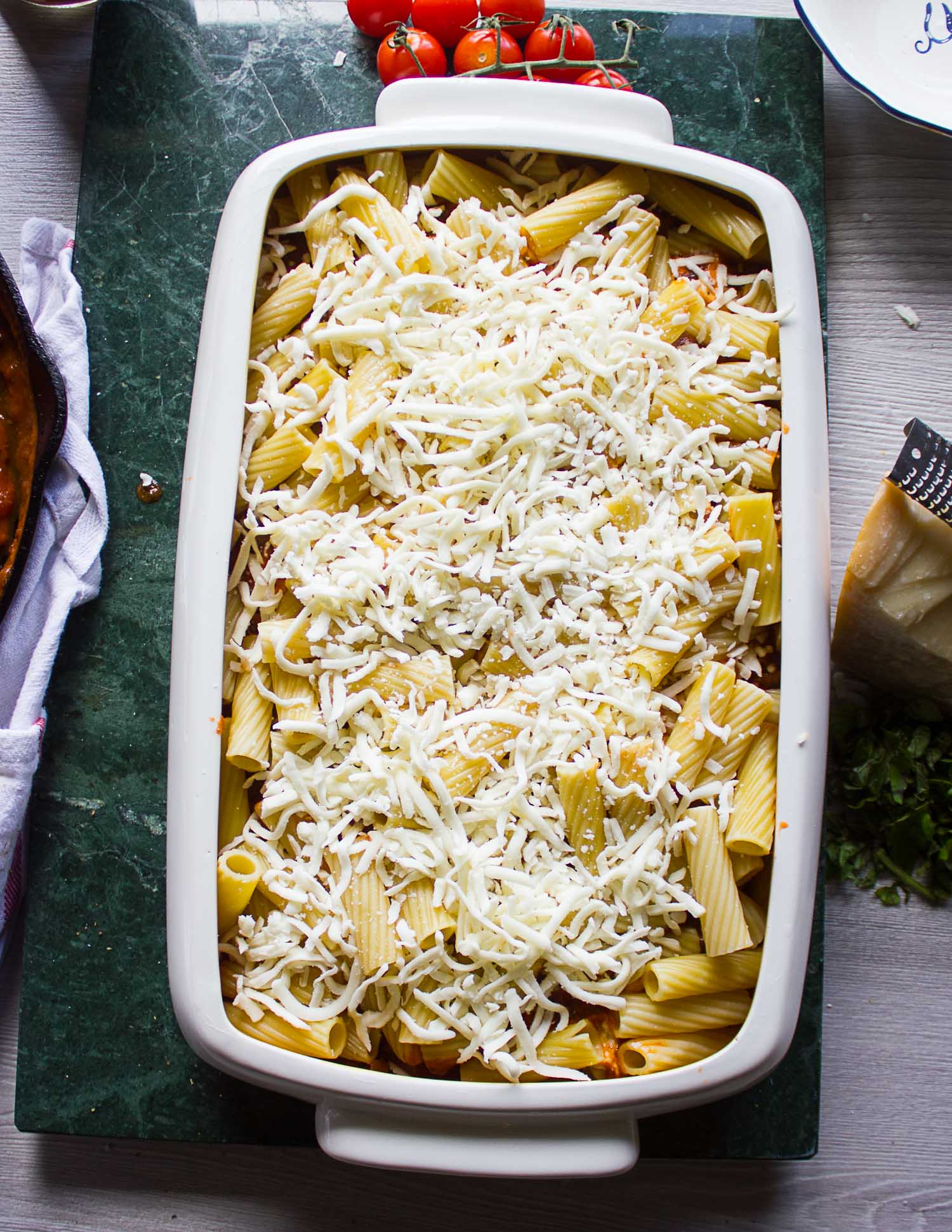 The ziti pasta casserole assembled and ready for the oven