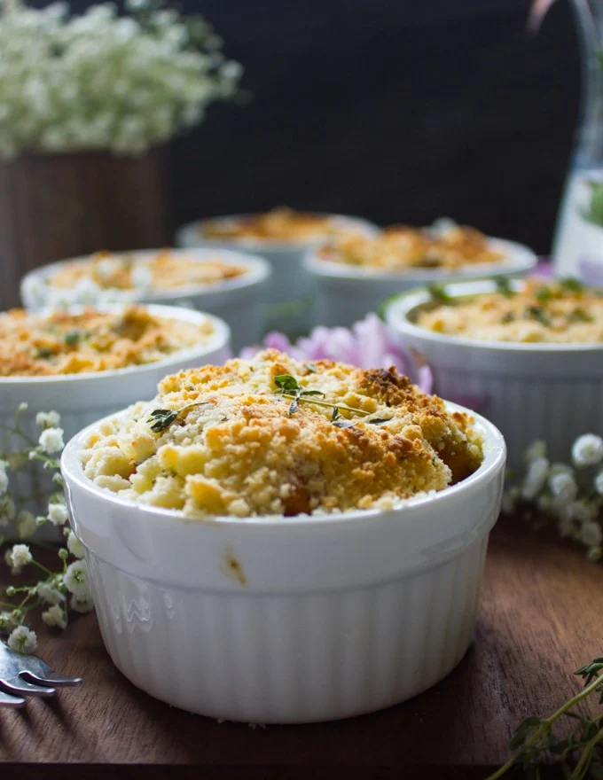Side view of one sweet potato gratin showing the crunchy golden top
