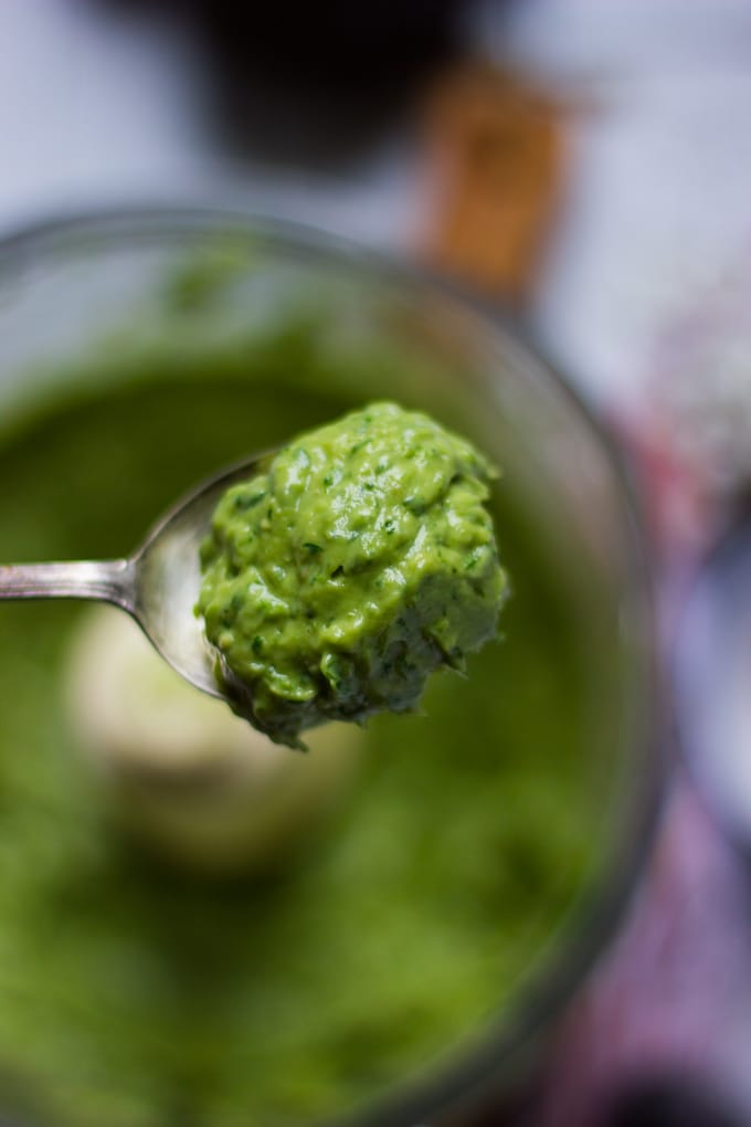 A spoon holding showing the final guacamole recipe texture