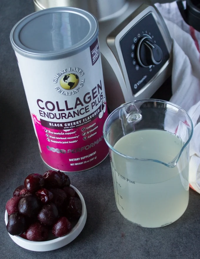 Ingredients for the cherry smoothie layer : frozen cherries, coconut water and cherry flavored collagen and a blender