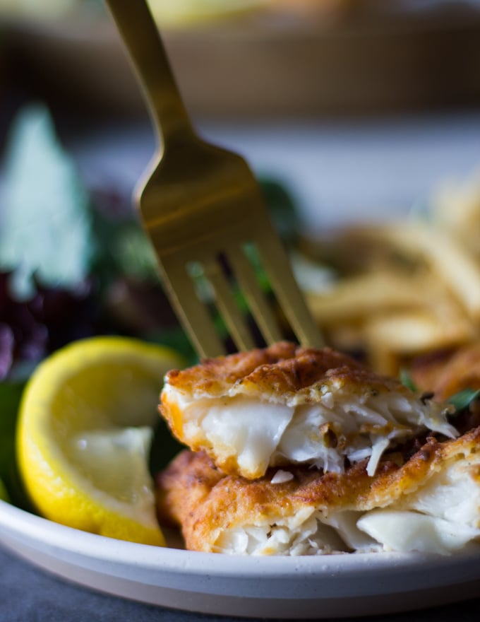 A fork wit a bite of fish fry showing the flakey fish on the inside and the crunchy crust on the outside.