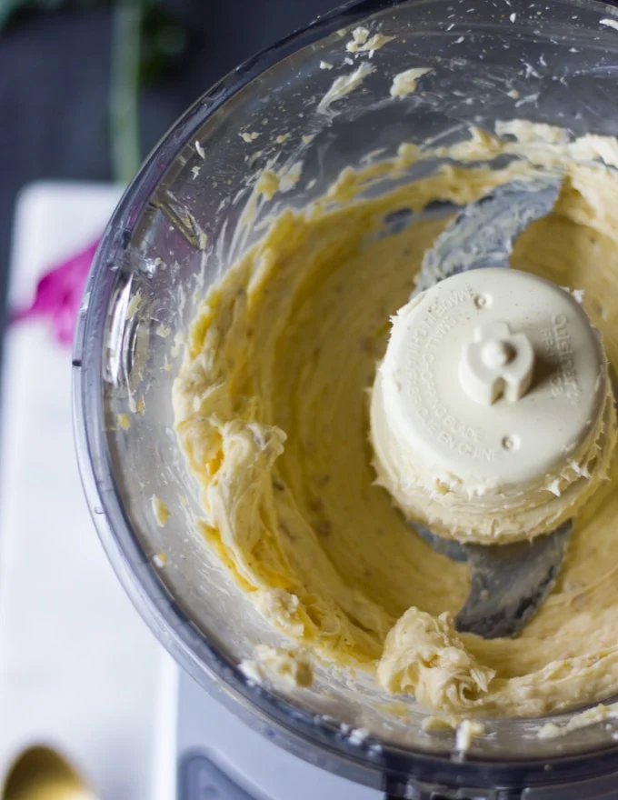 pureed garlic butter sauce in the food processor