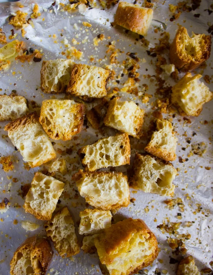 crispy ready homemade croutons out of the oven
