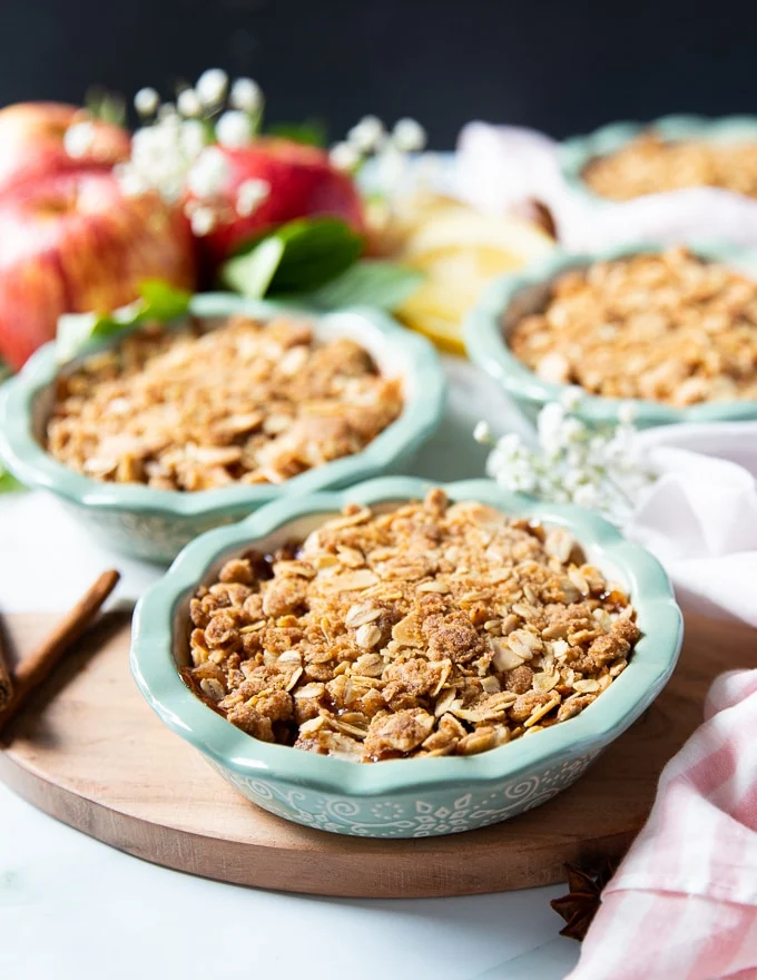 baked apple crumble right out of the oven showing the golden crust