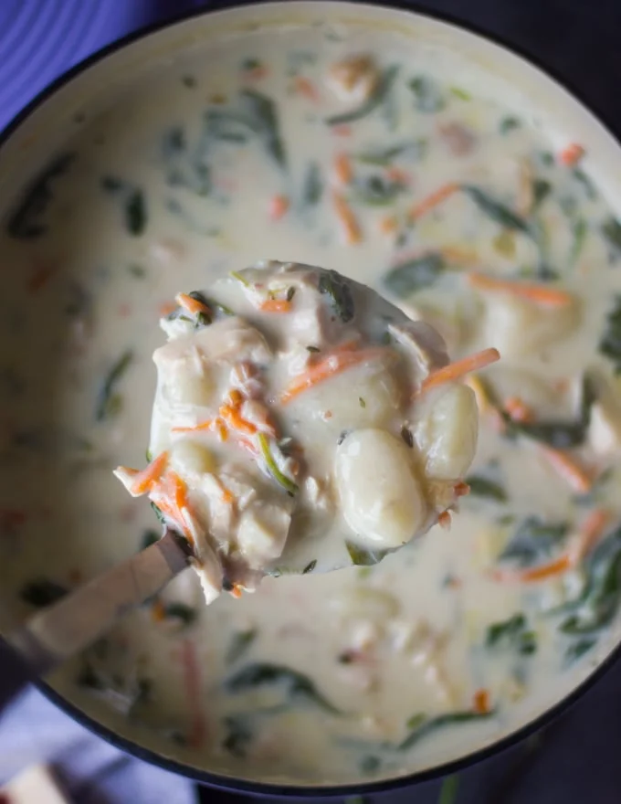 pot with the gnocchi soup recipe ready and a ladle holding the soup to check