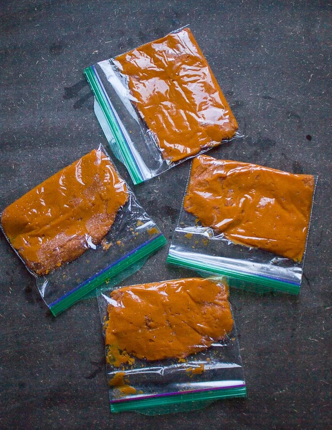 Portioned puree in one half cup amounts.