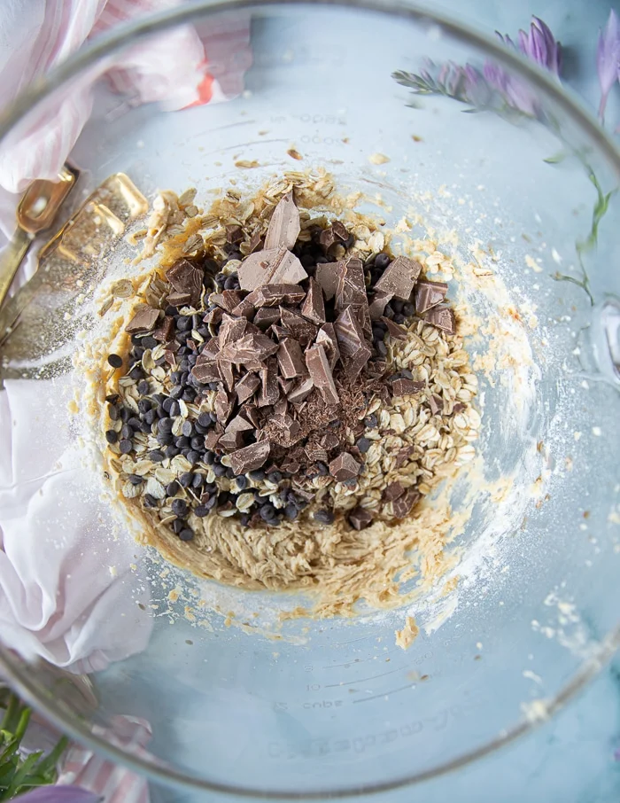 chocolate chunks and chooclate chips added to the oatmeal cookie batter