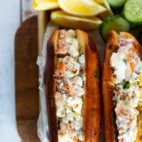 lobster roll filling stuffed in the toasted New England bun to make lobster roll