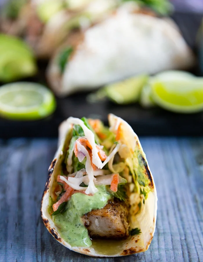 close up of a mahi mahi taco