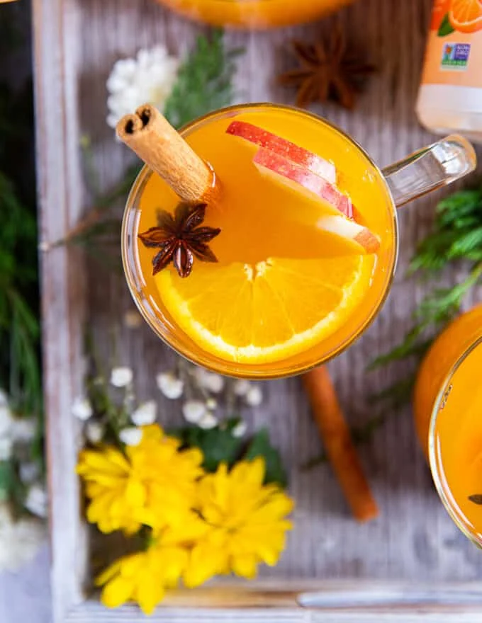 a clos eup of one cup of homemade apple cider garnished with cinnamon sticks, anise flower, orange slices and apple slices