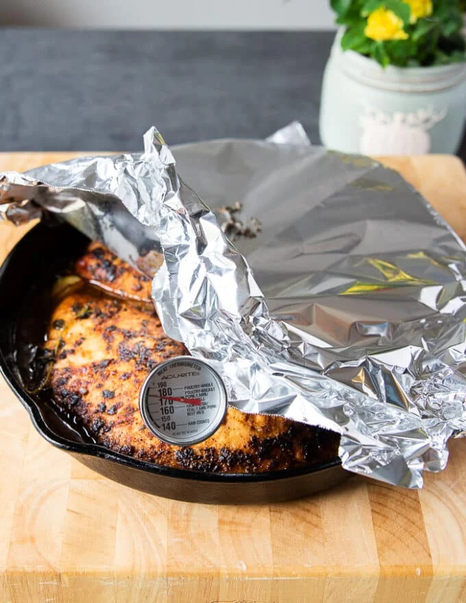 An oven thermometer in the turkey tenderloin showing the temperature at 170 degrees, so it's removed from the oven.