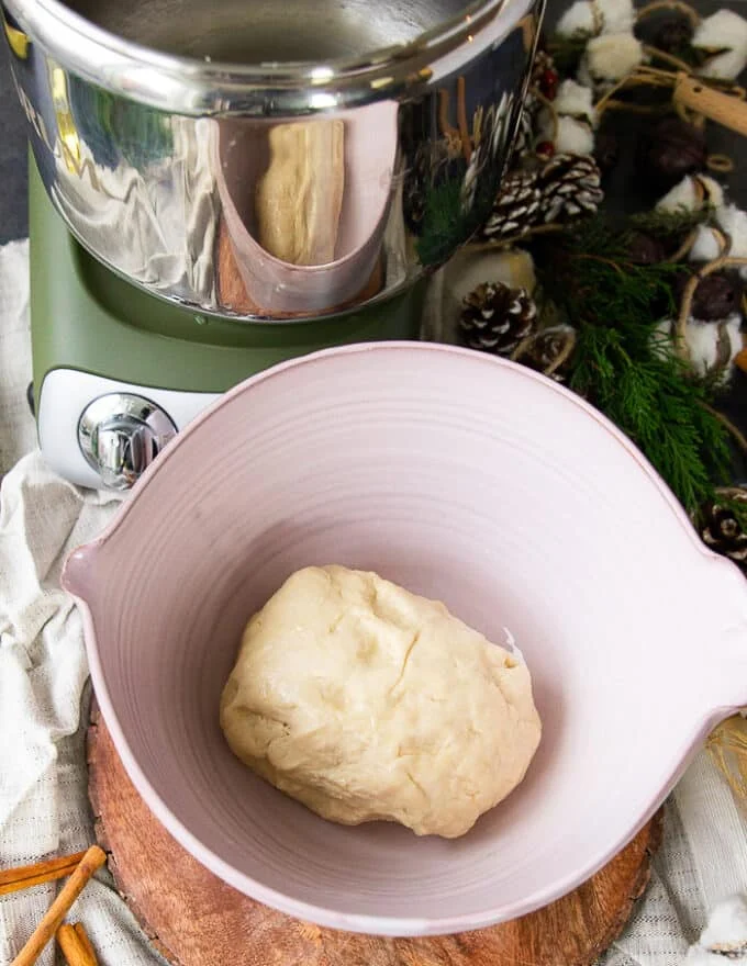 Monkey bread dough ready and placed in a bowl to rise. Close up showing the texture of the dough