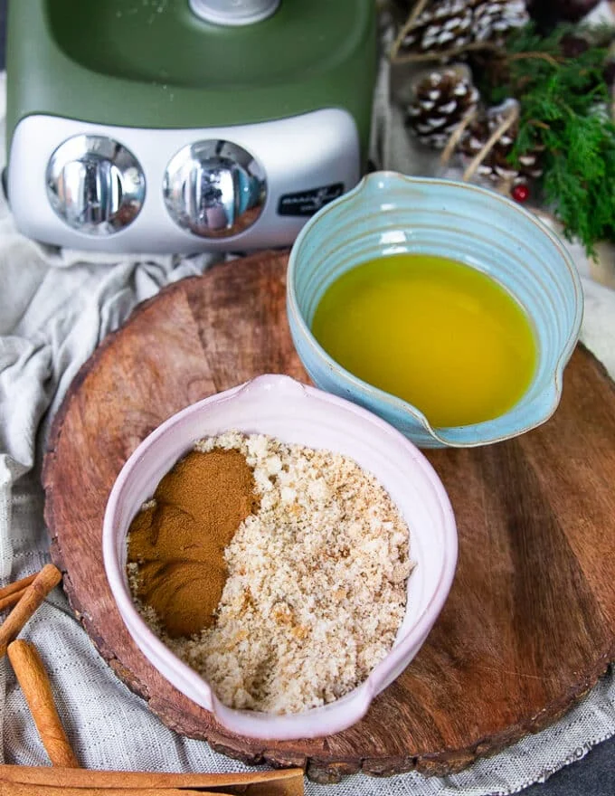 2 bowls for the coating, one bowl with cinnamon sugar and the other bowl with melted butter
