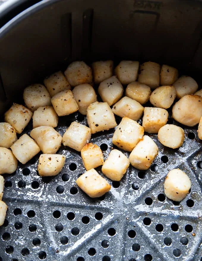 Air fried scallops in the air fryer, golden and cooked