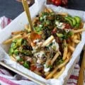 A hand holding a fork grabbing some nacho fries