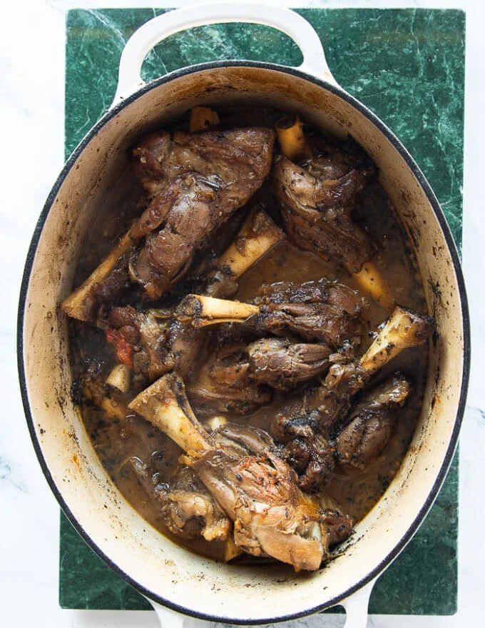 lamb shanks cooked and ready, braised lamb shanks tender to the fork and melt in your mouth soft