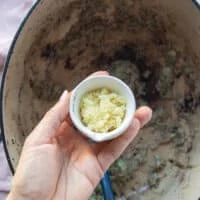 A hand adding garlic and onions to the pot to make the braising liquid