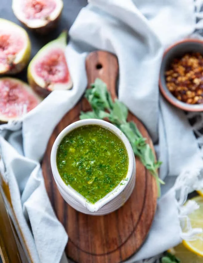 Chermoula sauce in a serving bowl right after the food processor and ready to serve