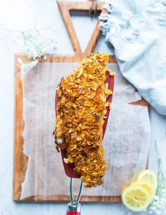 baked Haddock out of the oven close up showing how crunchy golden the texture is
