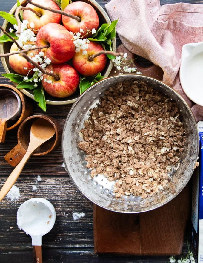 The ingredients for the oat topping mixed together in a bowl and ready to use