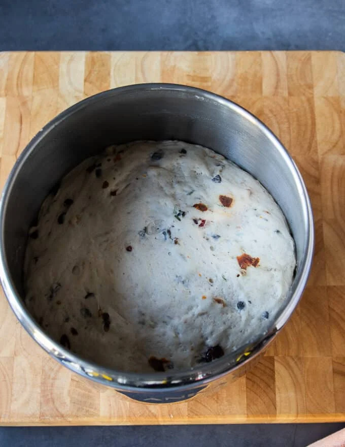 Fougasse dough doubled in size after rising and ready to be shaped