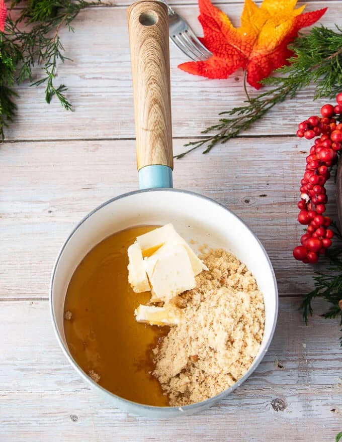 Light brown sugar, honey and butter added into a small sauce pan
