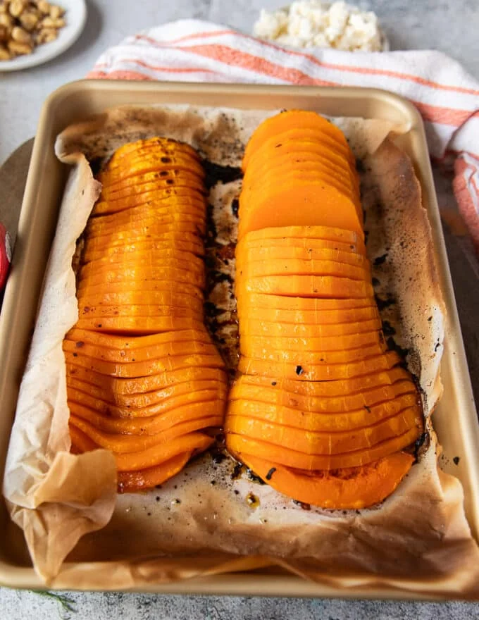 Roasted butternut squash right out of the oven. Soft, tender, rich and deep orange color
