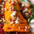 Close up of a roast butternut squash showing how soft and tender it looks.