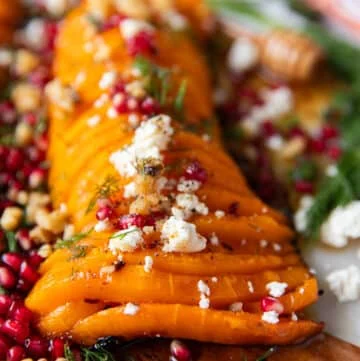 Close up of a roast butternut squash showing how soft and tender it looks.