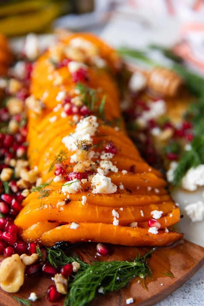Close up of a roast butternut squash showing how soft and tender it looks.
