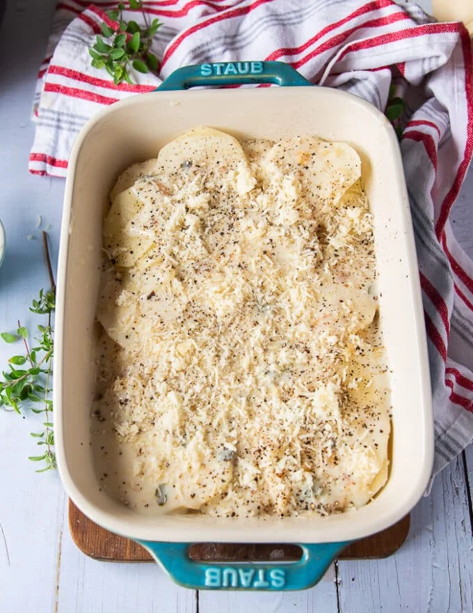 A layer of cheese and seasoning is added over the cream sauce layer