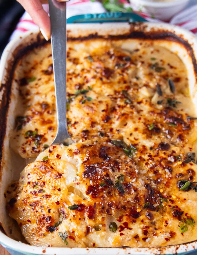 close up of scalloped potatoes portion removed with a spoon showing the texture of the cooked soft potatoes and a cheesy top golden crust