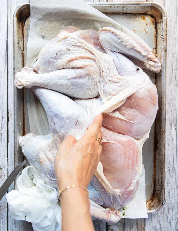A hand separating the turkey skin from the turkey meat gently exposing how to do that