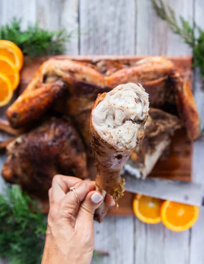 A hand holding a turkey thigh to show how juicy the meat is after being carved!