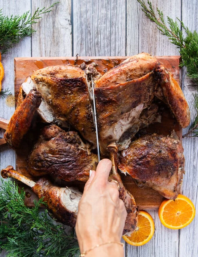 The hand now cutting the breast of the turkey in half to separate them apart