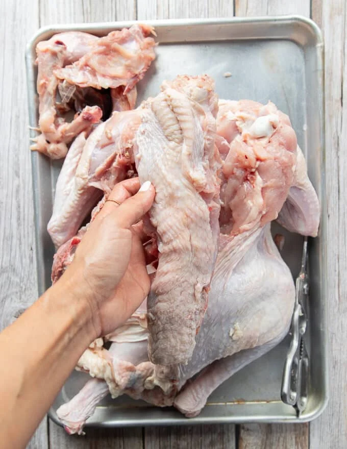 A hand holding the entirely cut off back bone of the turkey