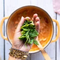 A hand holding fresh basil leaves whole and adding it to the tortellini soup as a final step to complete the recipe