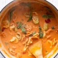 finished creamy tortellini soup in the pot ready to serve