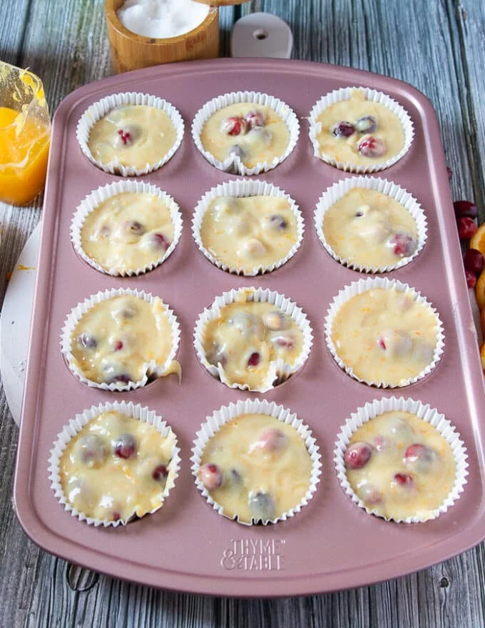 the batter divided among a standard size muffin pan lined with baking paper