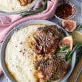 Close up of lamb loin chops seared and cooked, served with the fig rosemary butter and served over mashed potatoes